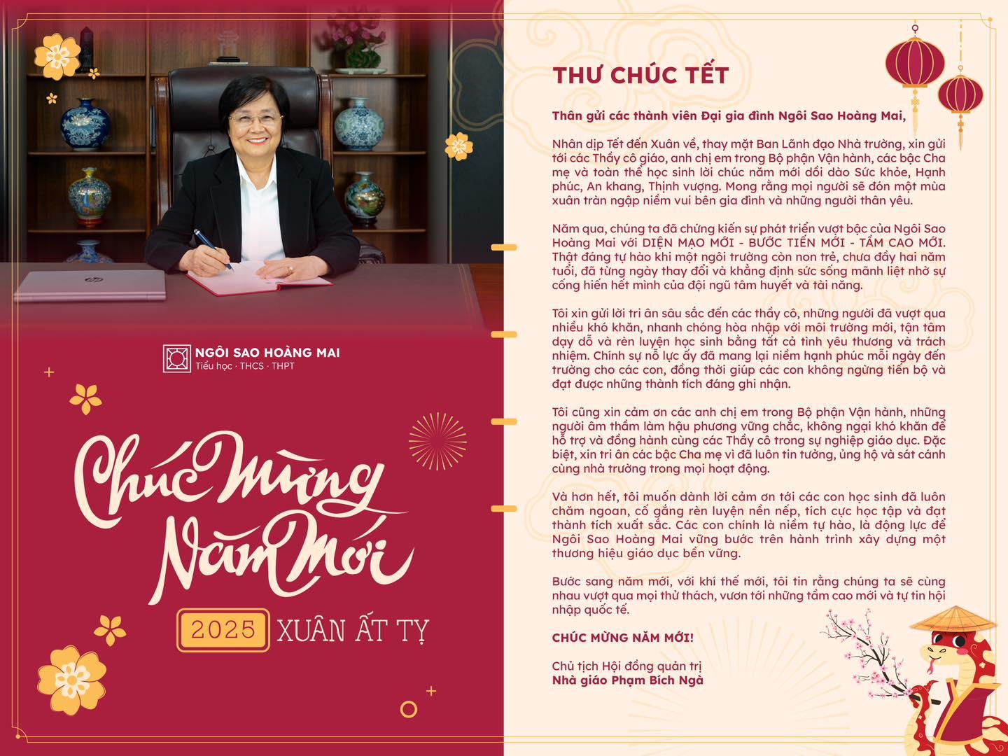 Thư chúc tết của Nhà giáo Phạm Bích Ngà - Chủ tịch hội đồng quản trị trường Tiểu học, THCS và THPT Ngôi Sao Hoàng Mai